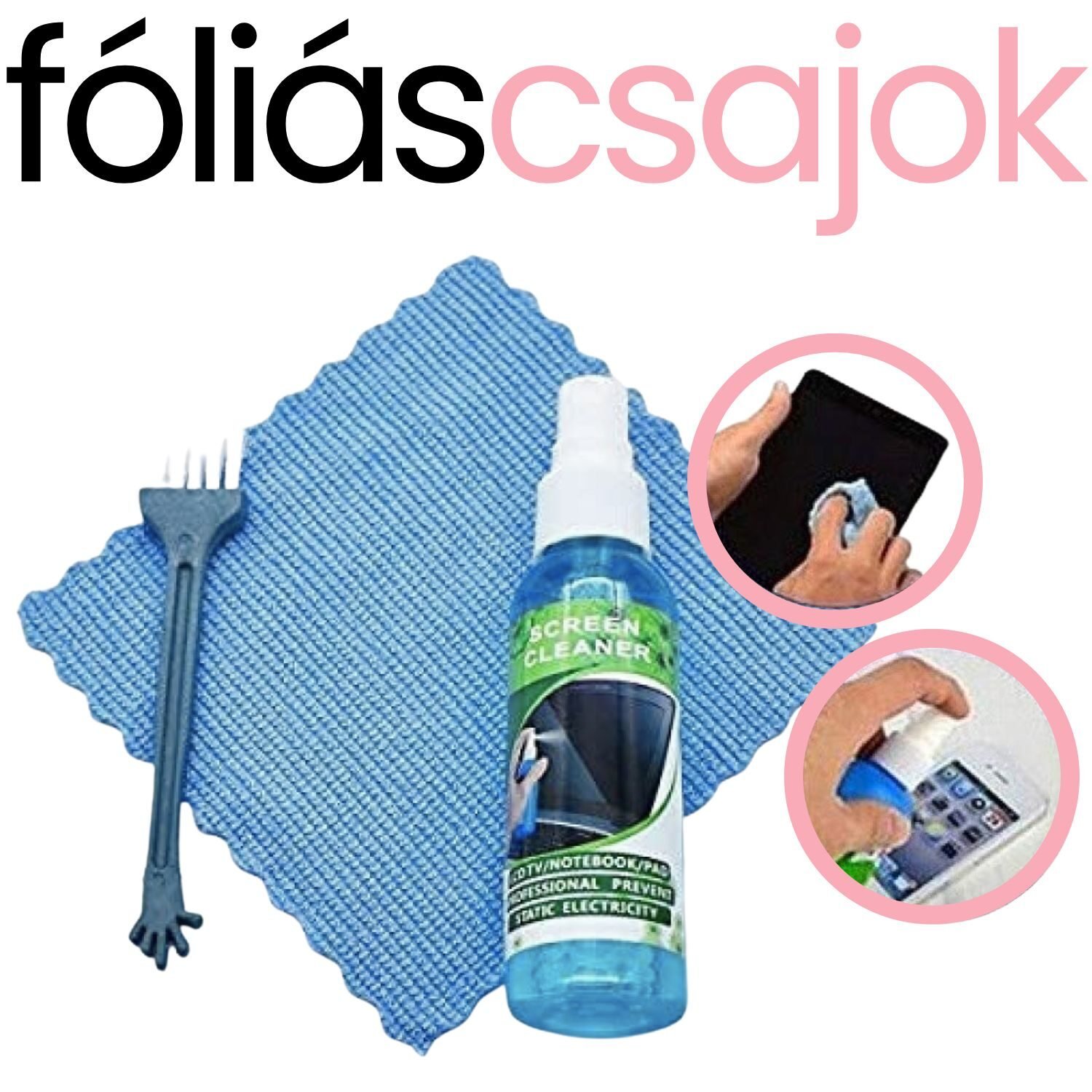 foliascsajok_kijelzo-tisztito-szett_04 oliascsajok, hydrogel folia felhelyezo kártya, kijelzővédő applikátor, kijelzővédő felhelyező szett, hydrogél fólia telepítő készlet, lcd kijelző tisztító folyadék, kijelző tisztító készlet