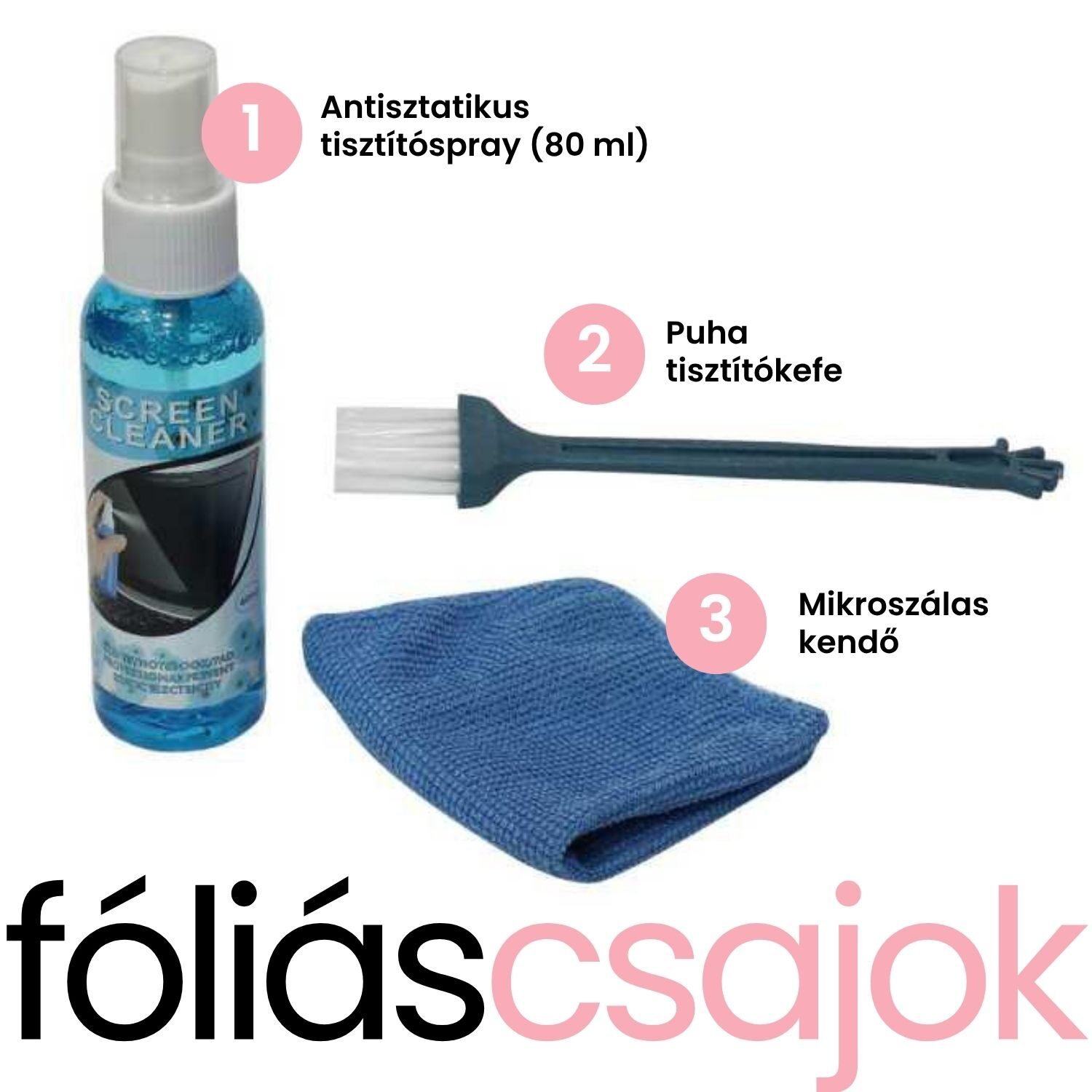 foliascsajok_kijelzo-tisztito-szett_05 oliascsajok, hydrogel folia felhelyezo kártya, kijelzővédő applikátor, kijelzővédő felhelyező szett, hydrogél fólia telepítő készlet, lcd kijelző tisztító folyadék, kijelző tisztító készlet